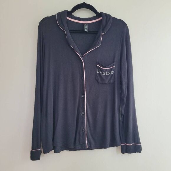 Bebe black & pink bedazzled button up pajama top super soft loungewear - Picture 1 of 8